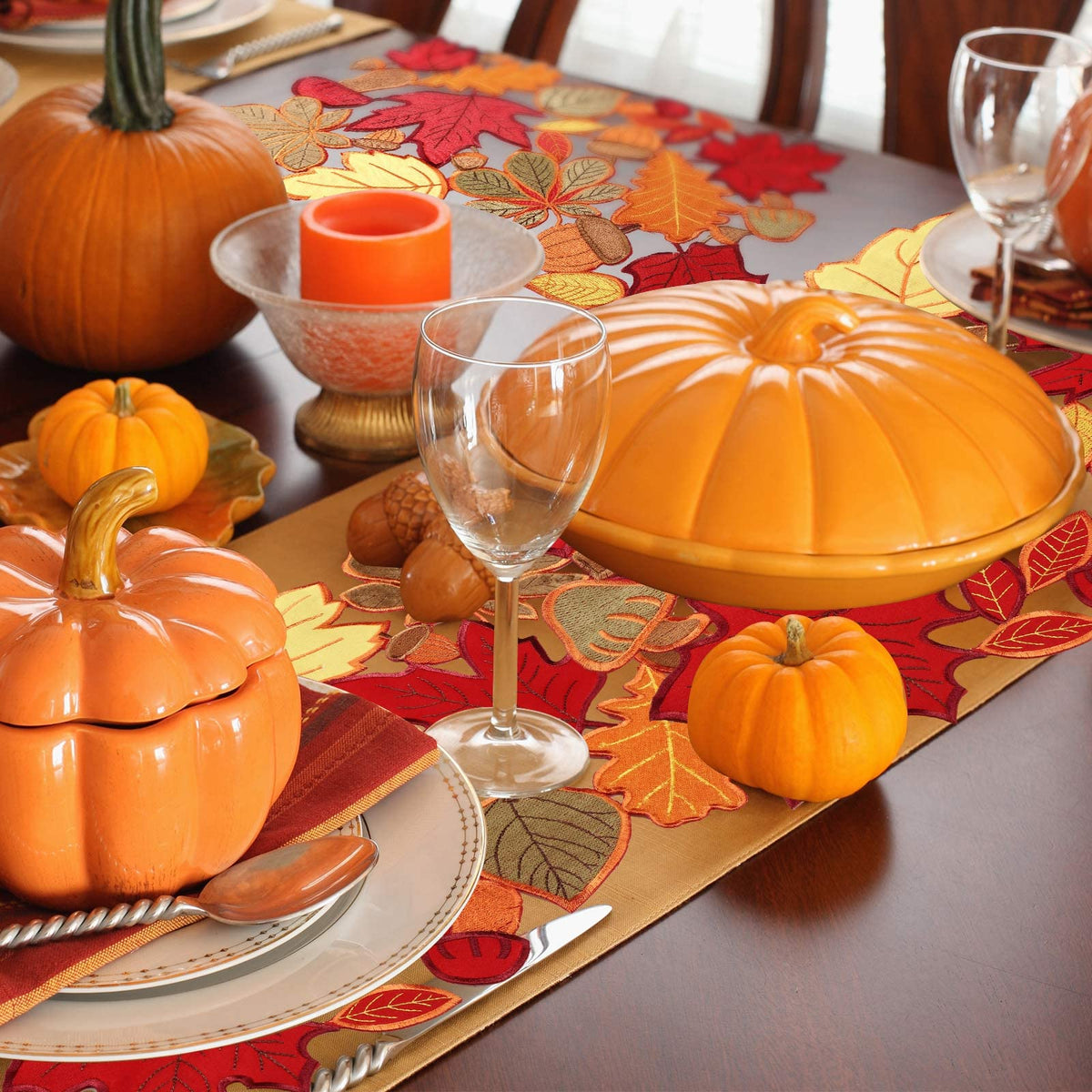 Fall Placemats Set of 6 Thanksgiving Embroidered Maple Table Mat, 11x17 in