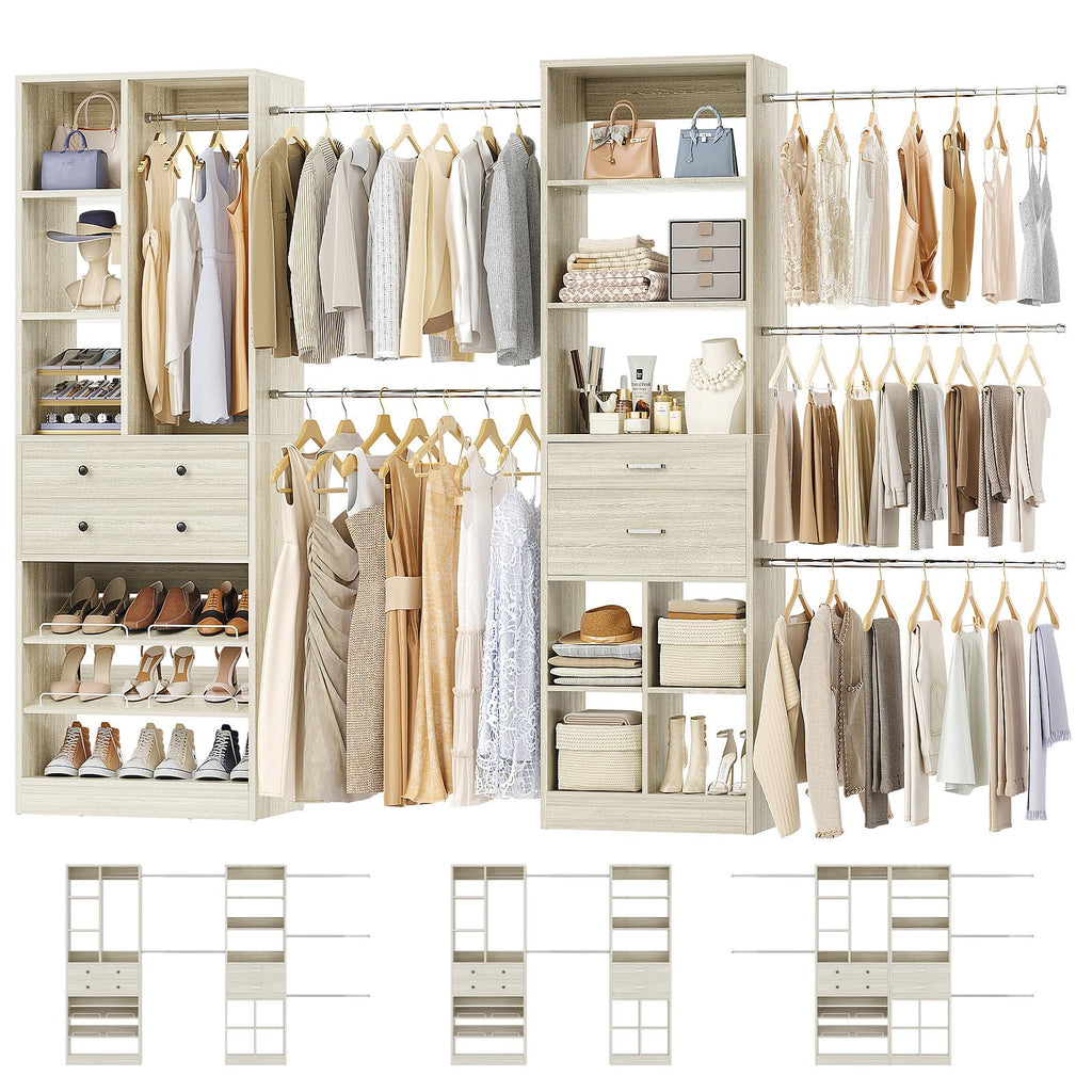 Closet System, Up to 128.6"/10.7 FT Closet Organizer with 4 Wooden Drawers and Shelves, Walk-in Closet System with 6
