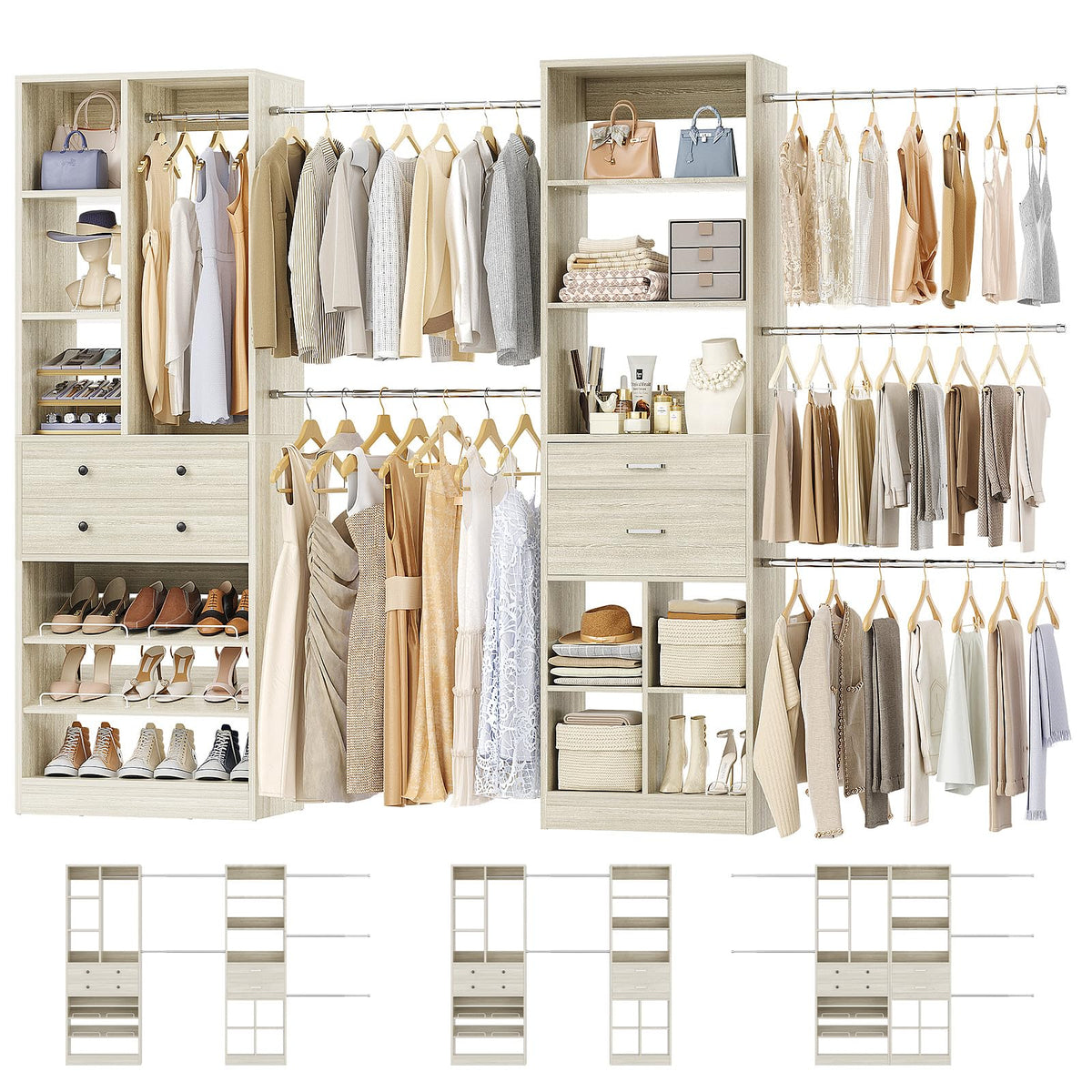 Closet System, Up to 128.6"/10.7 FT Closet Organizer with 4 Wooden Drawers and Shelves, Walk-in Closet System with 6