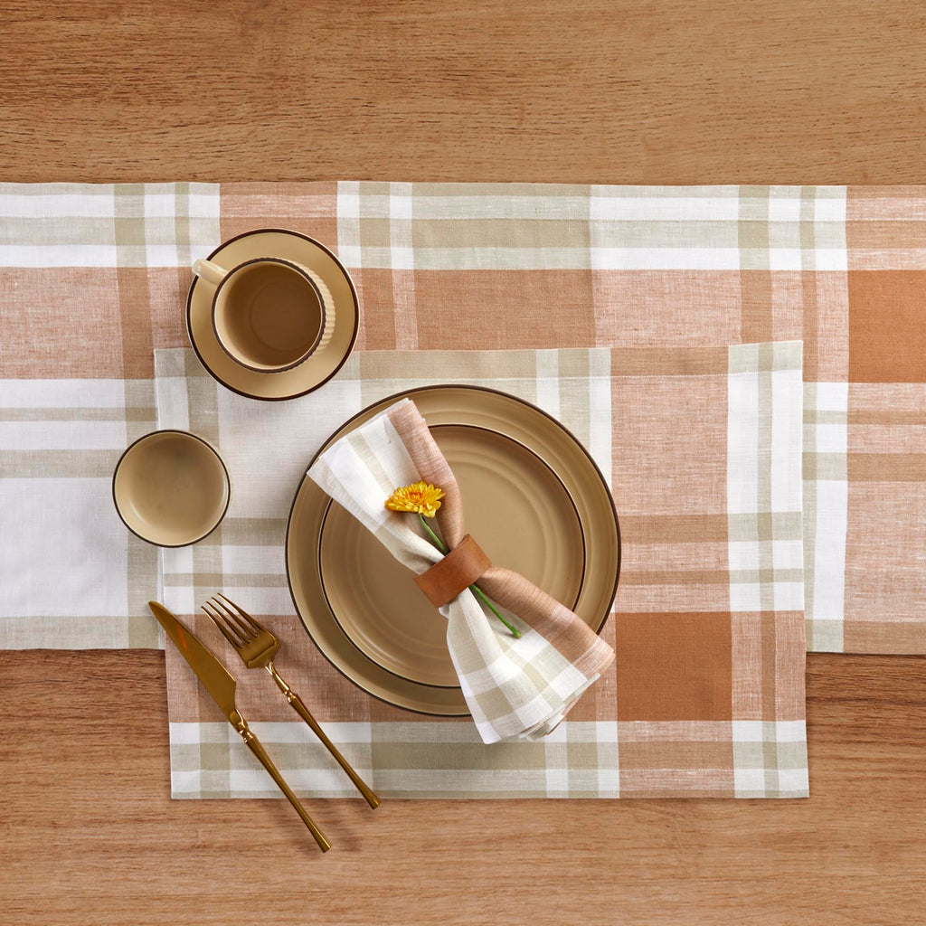 100% Pure Linen Table Runner Fall Harvest Plaid, 14 x 132 in