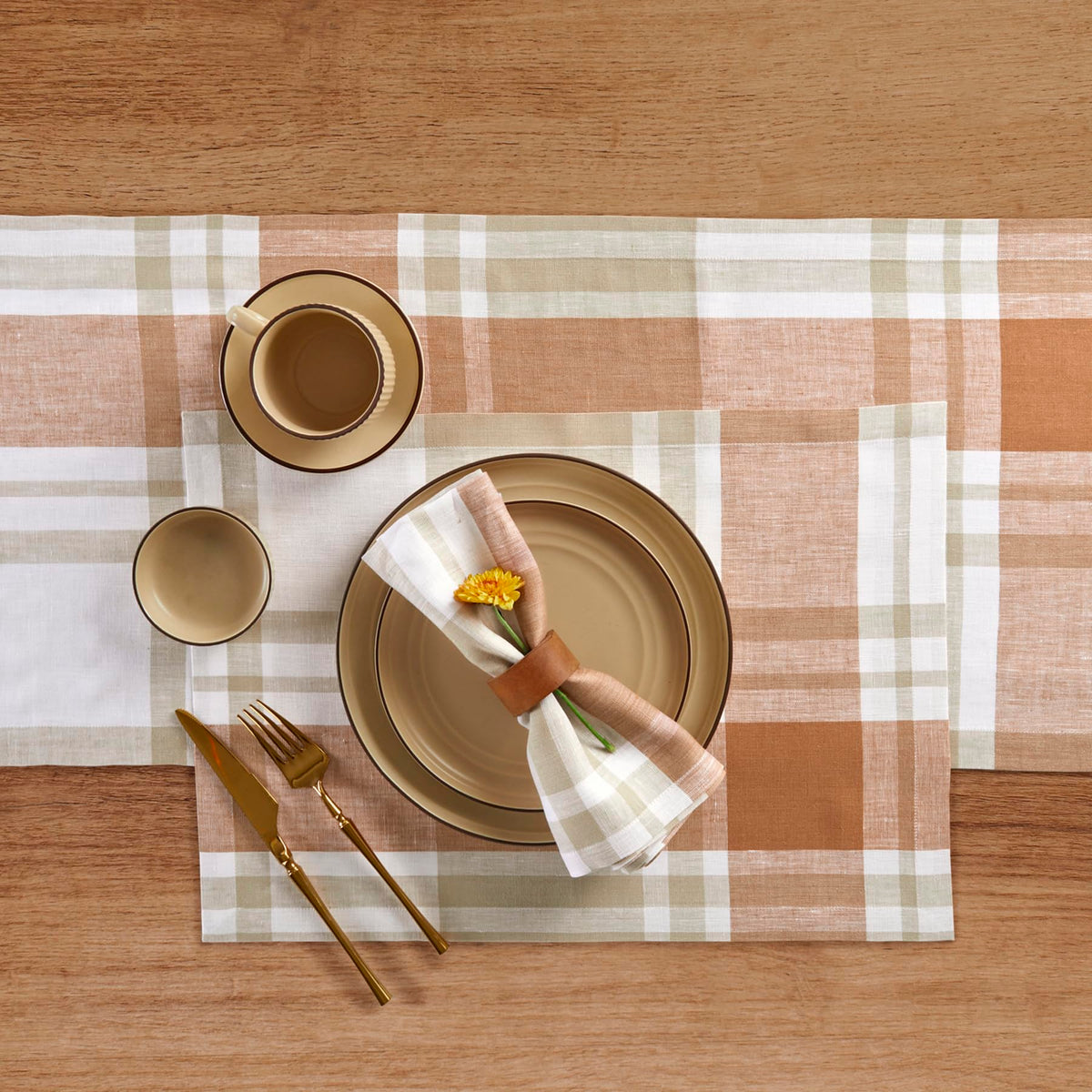 100% Pure Linen Table Runner Fall Harvest Plaid, 14 x 132 in