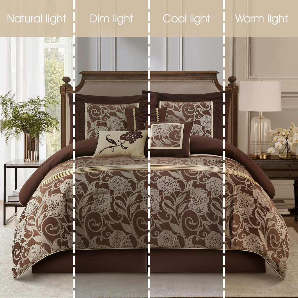 Brown Gold Comforter Set, 7 Piece Jacquard Floral Bedding Set, All Season, Ultra-Soft, Matching Pillows &