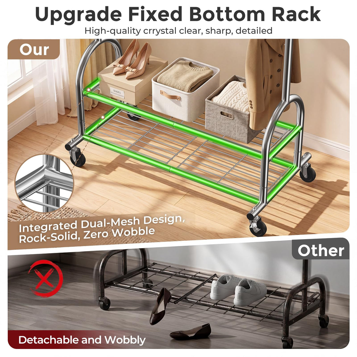 Heavy Duty Clothes Rack, 586 LBS Weight Capacity Metal Clothing Rack with Wheels, Rolling Garment Rack for Hanging