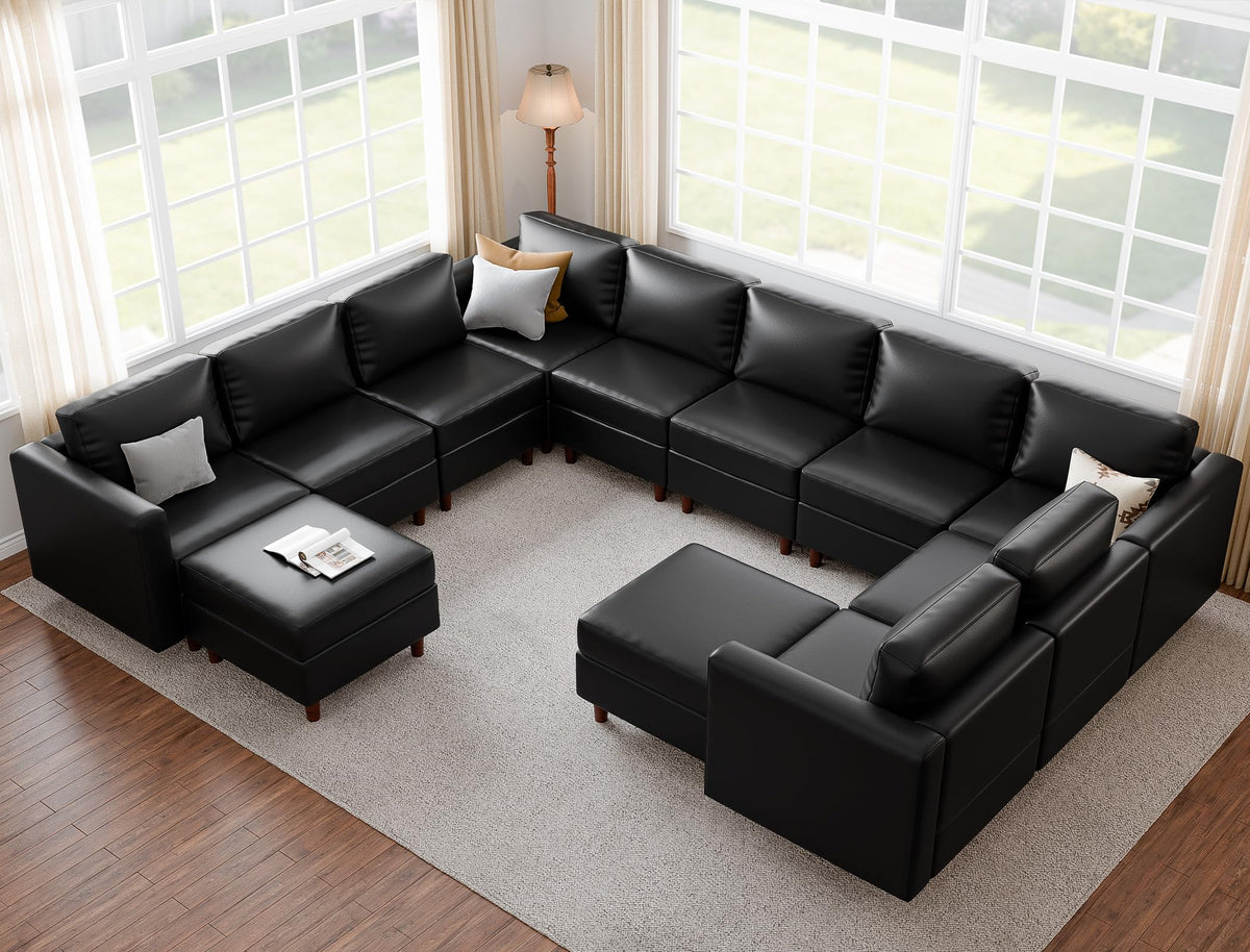 Oversized 145.5" Faux Leather Modular Sectional Sofa, Modern Large 12 Seater U Shaped Couch with Storage Seat with