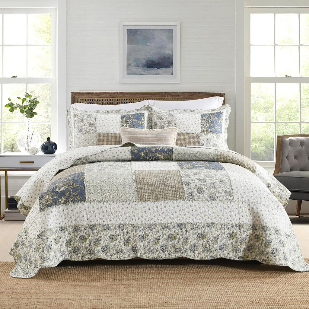 Quilt Set Reversible Country Farmhouse Floral Real Patchwork Quilted Bedspread 3-Piece Quilt Set with