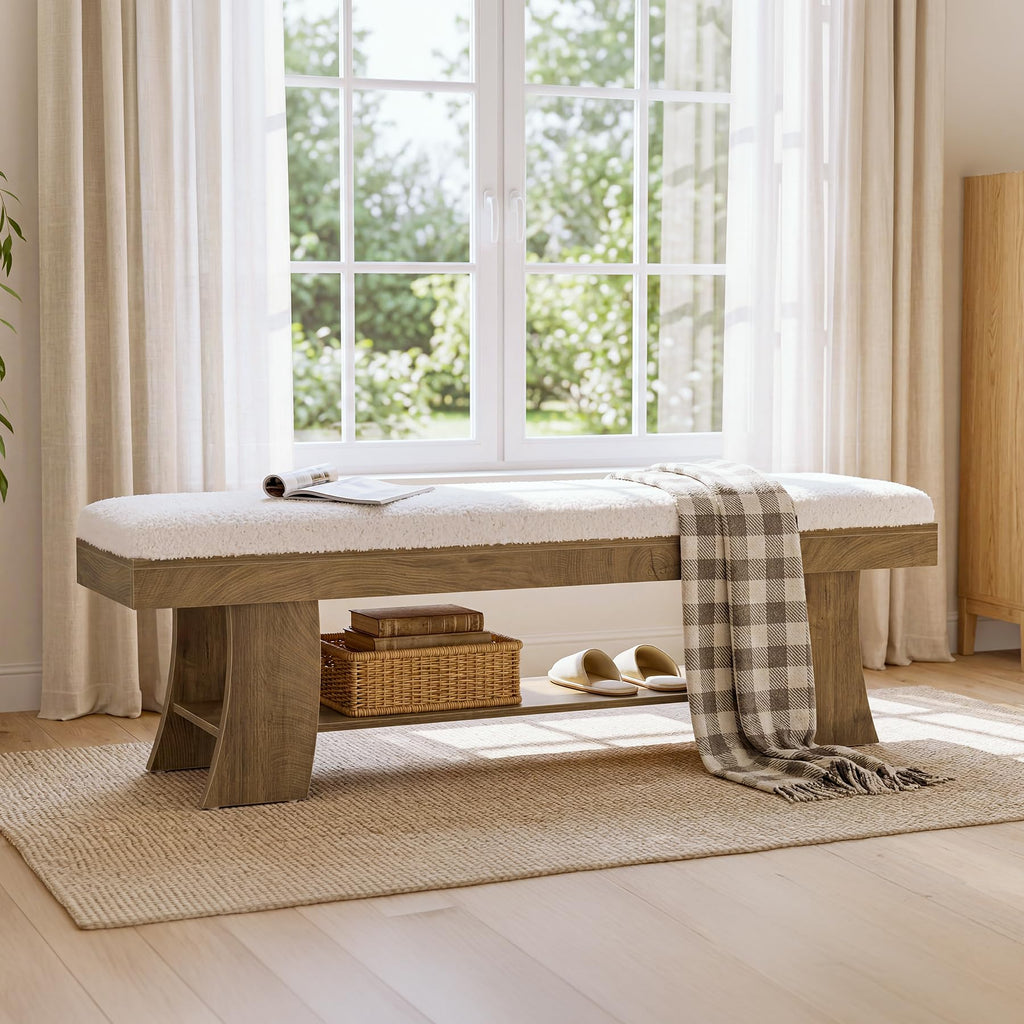 59-Inch Upholstered Entryway Bench with Storage Shelf, Indoor Cushioned Shoe Bench Seat, Farmhouse Skinny End of Bed