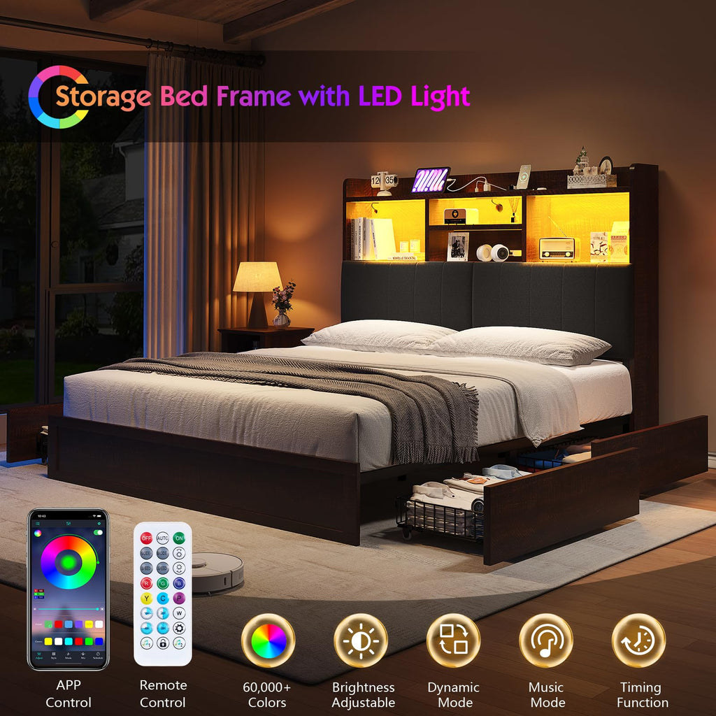 Barnwood LED Storage Bed with Charging Station & 51" Headboard