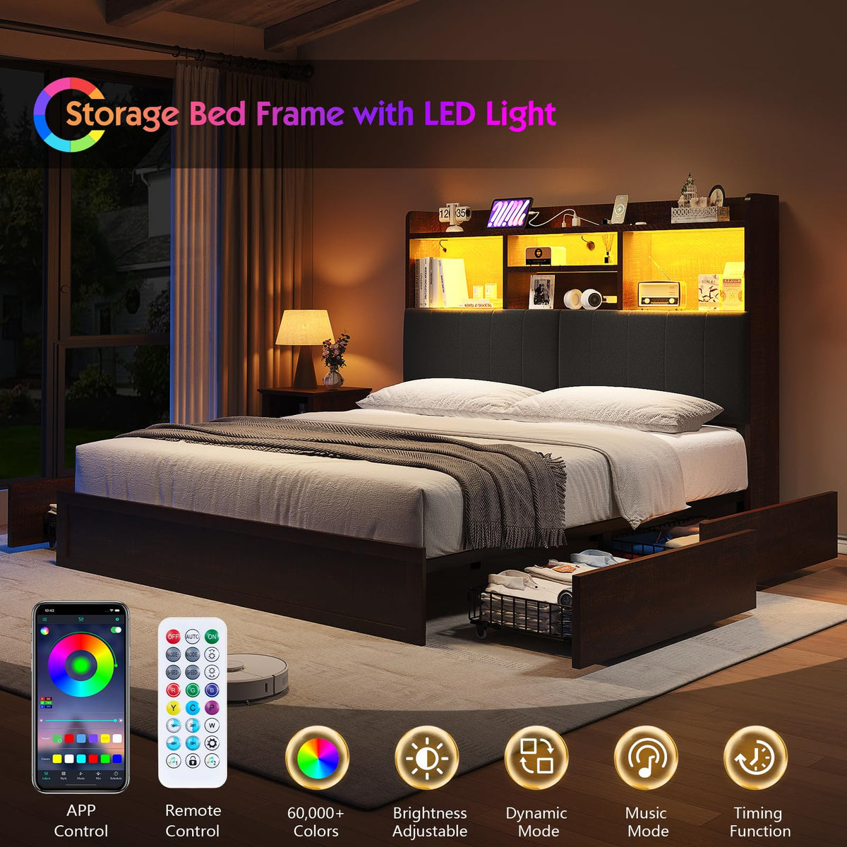 Barnwood LED Storage Bed with Charging Station & 51" Headboard