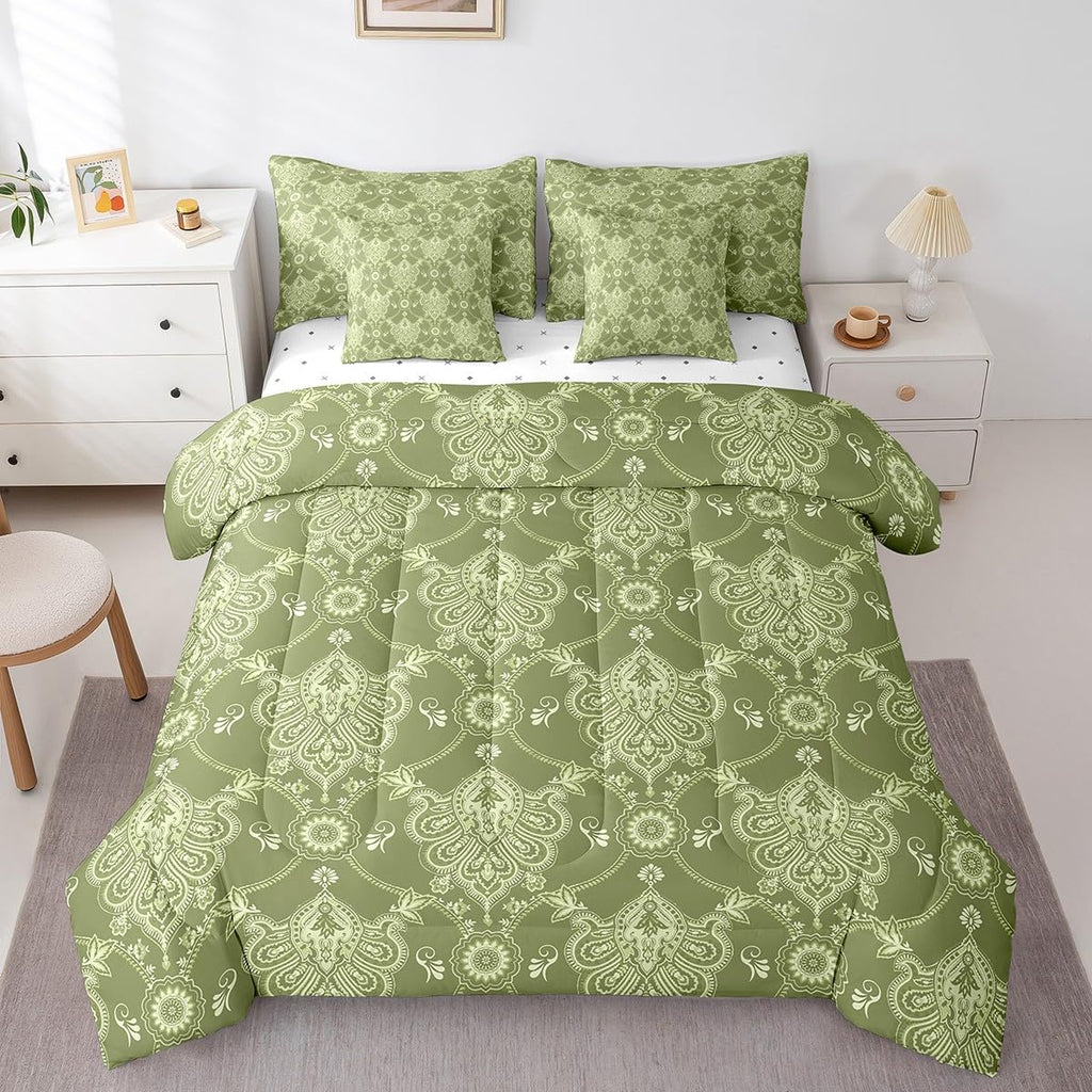 Green Vintage Damask Comforter Set with Sheets 7 Piece