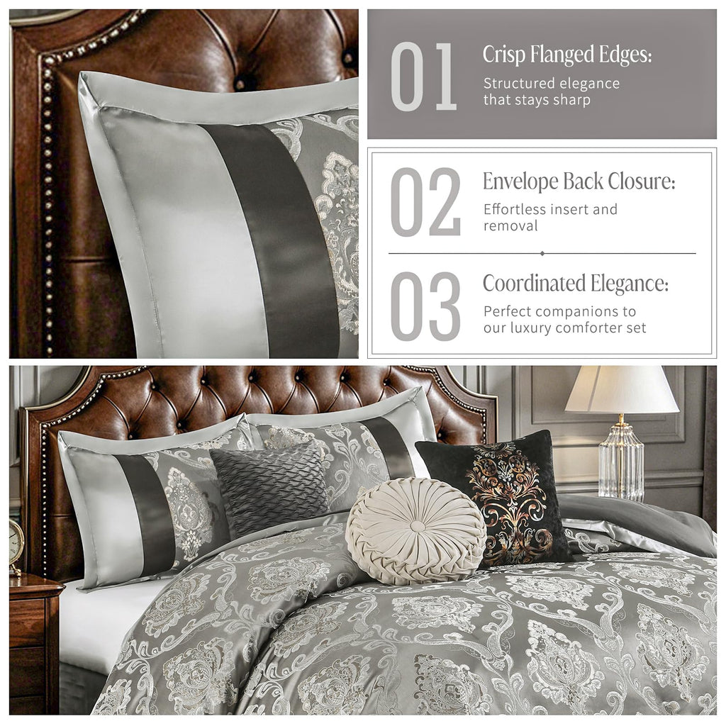 Gray Jacquard Comforter Set - Luxury 7 Piece Bed in a Bag