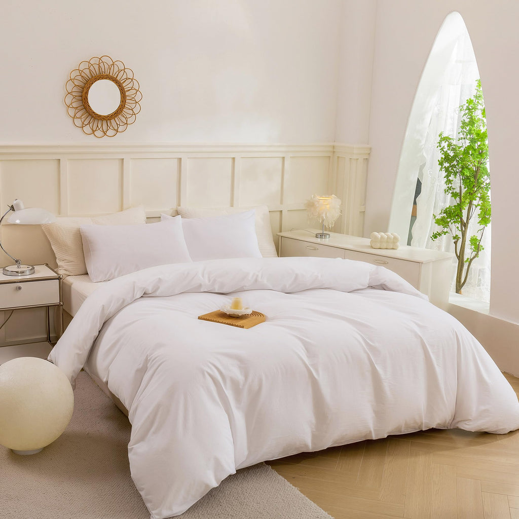 Cotton 3 Pcs Duvet Cover Set Linen Feel Off White Queen