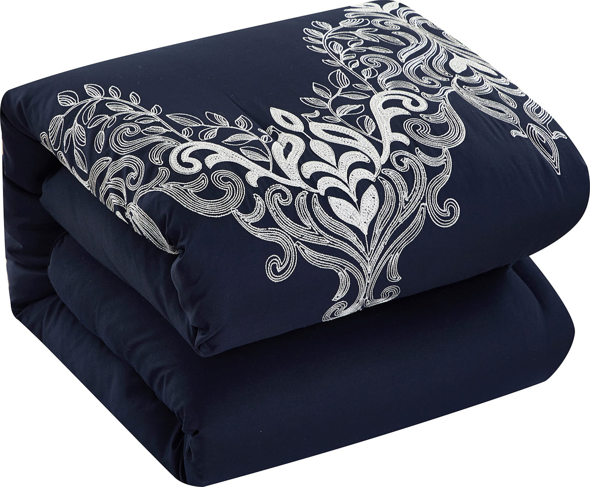 Navy Damask Patchwork Comforter Sets Bed, 7 Piece, Chain Stitching Embroidery Ultra Soft, Premium
