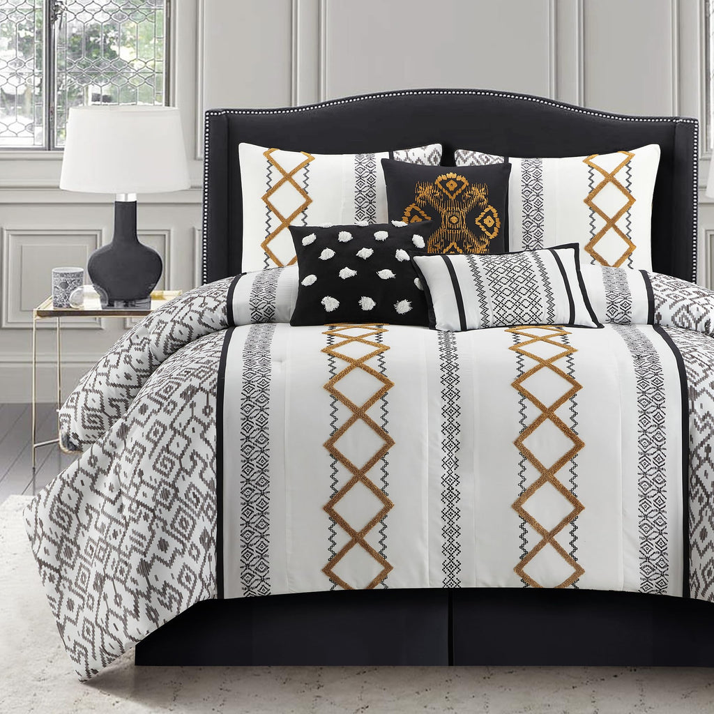 Black Gold Comforter Set, 7 Pieces All Season Bedding Sets in a Bag with Geometric Terry Embroidered Comforter