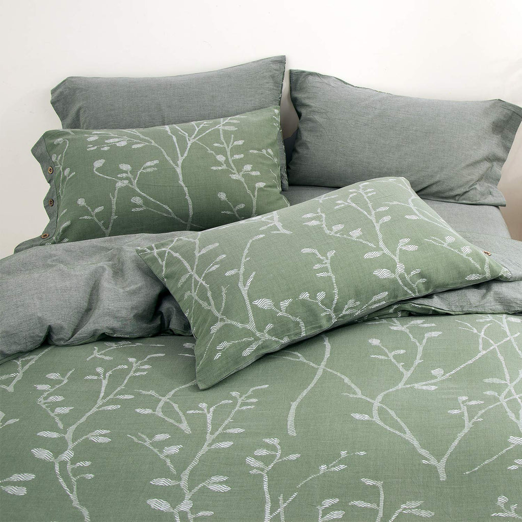 Duvet Cover Set Size Washed Cotton Yarn, Jacquard Green and White Thick Branch Pattern Floral Style 3Piece