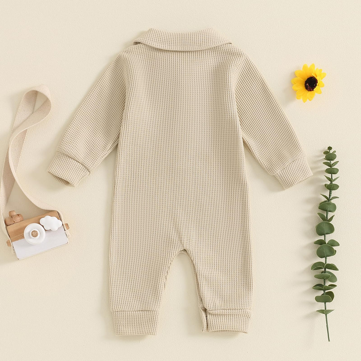 Newborn Baby Boy Waffle Knit Collared Romper Jumpsuit Solid Button Long Sleeve Bodysuit One-Piece Fall Winter Outfit