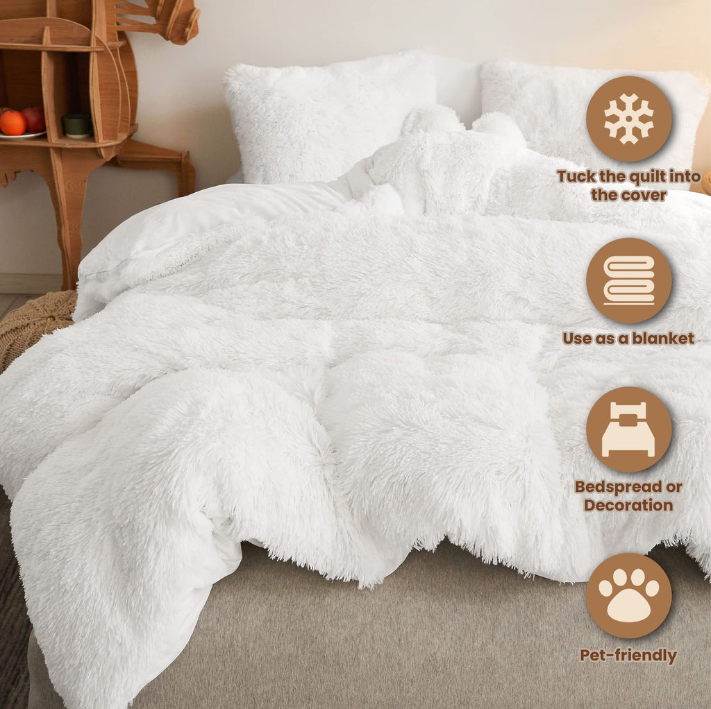 3 PCS Fluffy Faux Fur Duvet Cover Set, White