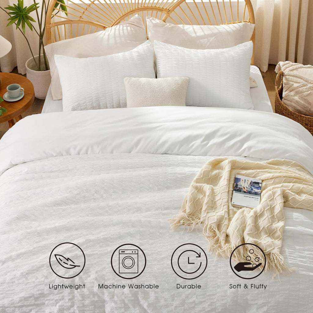 White Duvet Cover, 3-Piece Seersucker Duvet Cover Set, Ultra Soft Microfiber Bedding for All Seasons