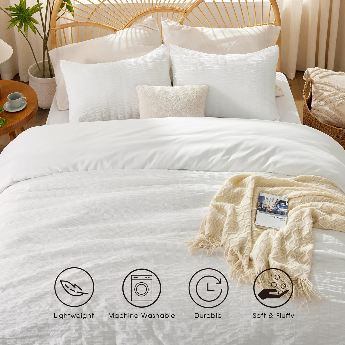 White Duvet Cover, 3-Piece Seersucker Duvet Cover Set, Ultra Soft Microfiber Bedding for All Seasons