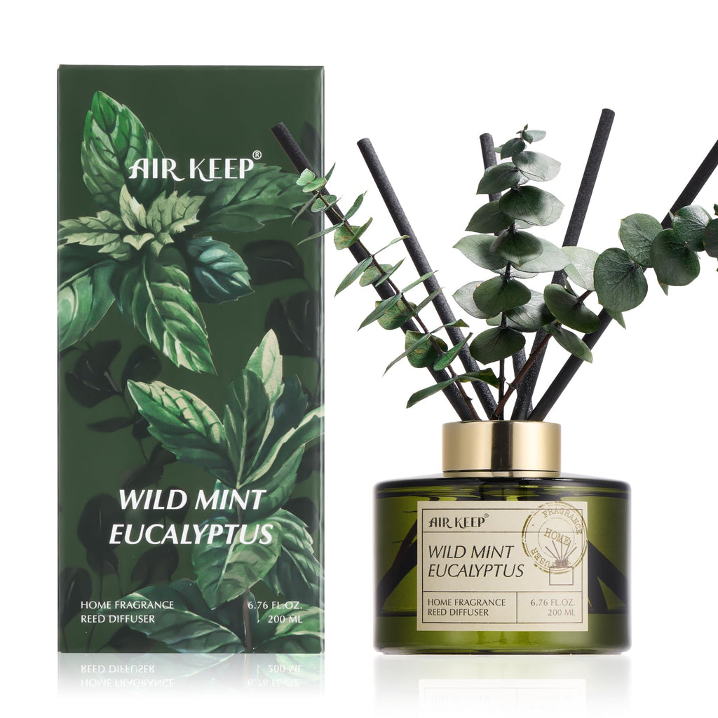 Reed Diffuser Set with 6.76 fl oz Wild Mint & Eucalyptus Scent Essential Oils and 3 Leaves & 8 Diffuser