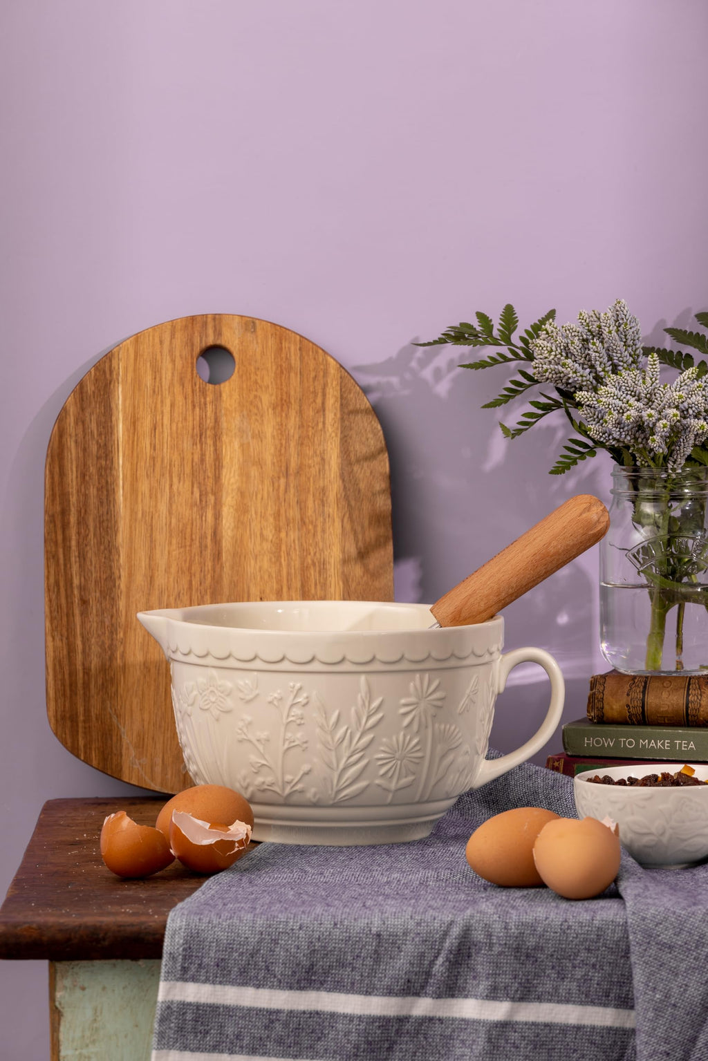 In the Meadow Batter Bowl, 2 Quart Ceramic Batter Mixing Bowl with Handle & Pour Spout, Embossed Floral Design