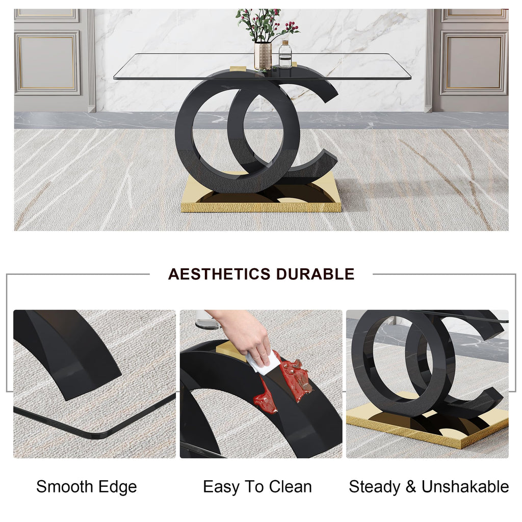 Inspired Saarinen Style 63" Modern Glass Dining Table for 6, Black OC-Shape Pedestal & Gold Base, Rectangular Tempered Glass Kitchen Table