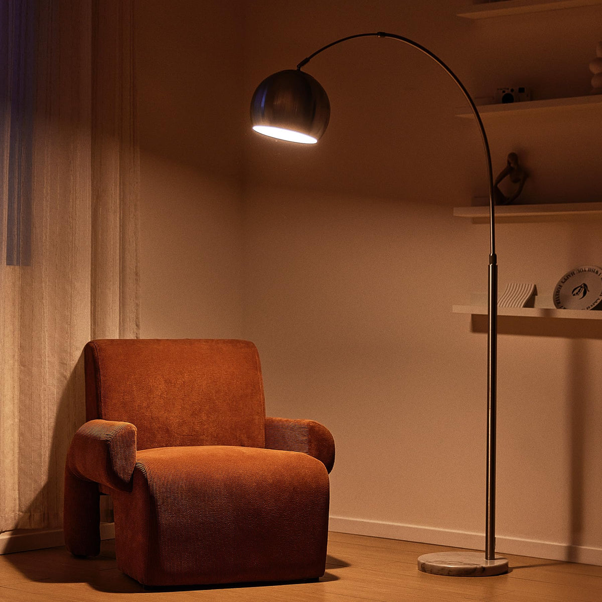 Inspired Arco Style Modern Floor Lamp, Brushed Nickel Arc Floor Lamp with LED Bulb, Marble Base Contemporary Tall Lamp Couch Sofa