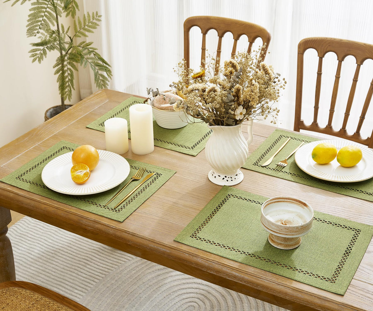 Farmhouse Burlap Hollow Placemats Set of 4, 12 x18 Inch Sage Green