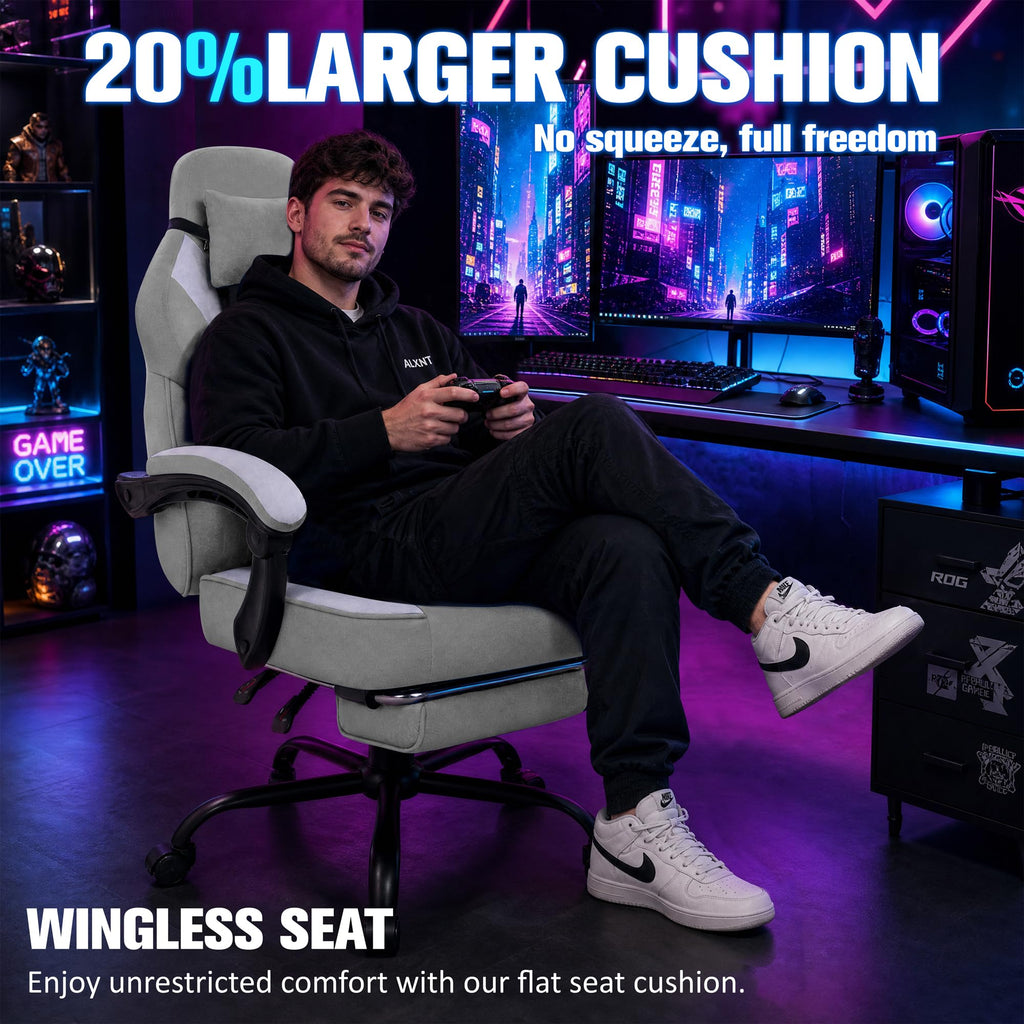 Gaming Chair for Adults with Massage Lumbar Support, Fabric Grey