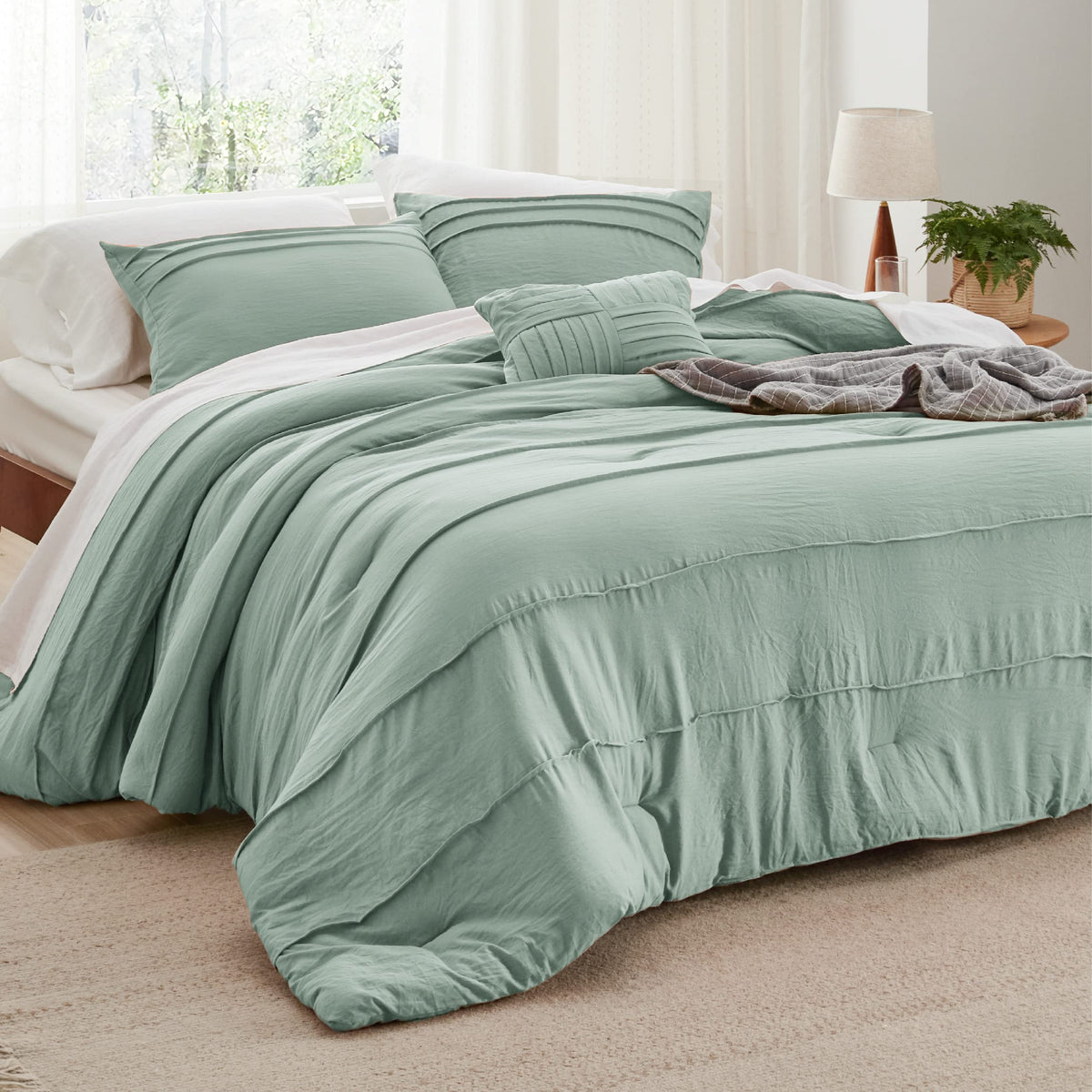 King Comforter Set 4-Pc, Sage Green Boho, Pinch Pleat, All-Season