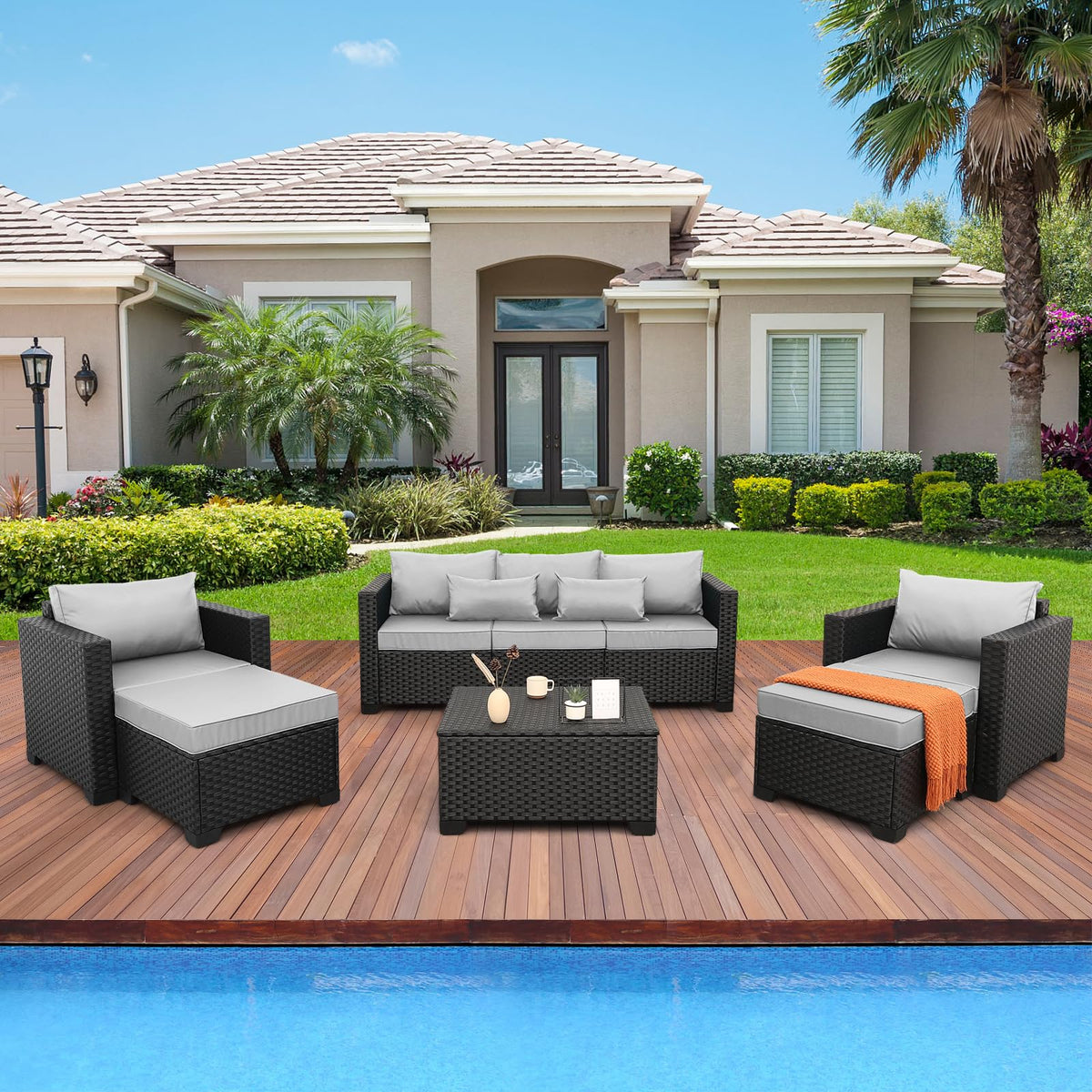 Patio Wicker Furniture Set 6 Pieces Outdoor HDPE Wicker Conversation Couch Sectional Chair Sofa Set with Grey Cushions