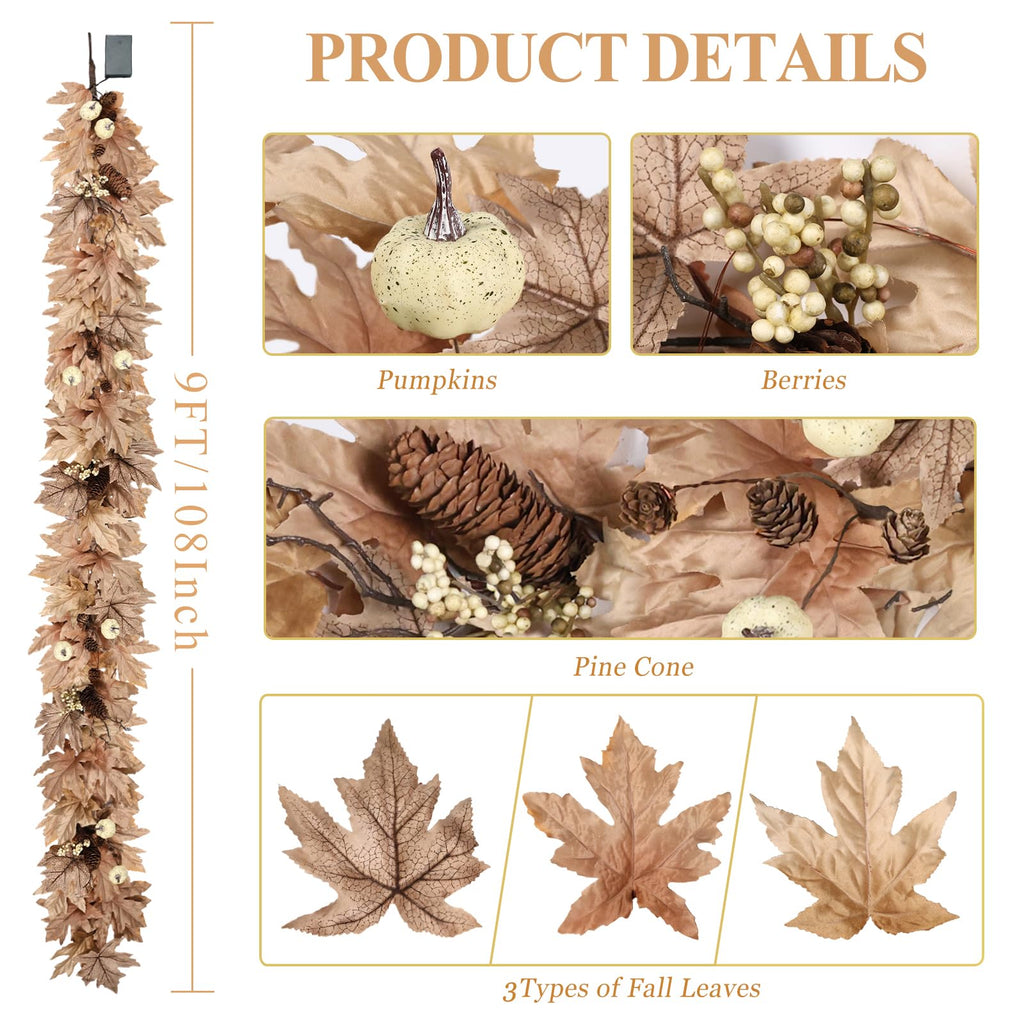9 FT Lighted Fall Garland with Lights Autumn Automatic ON/Off Timer