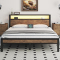 Bed Frame with Storage Headboard and LED Lights, Rustic Brown