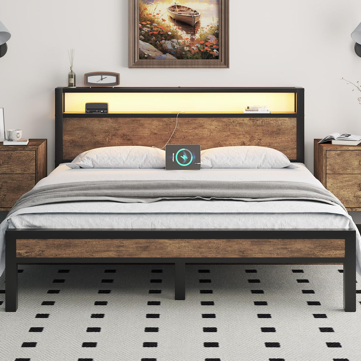 Bed Frame with Storage Headboard and LED Lights, Rustic Brown