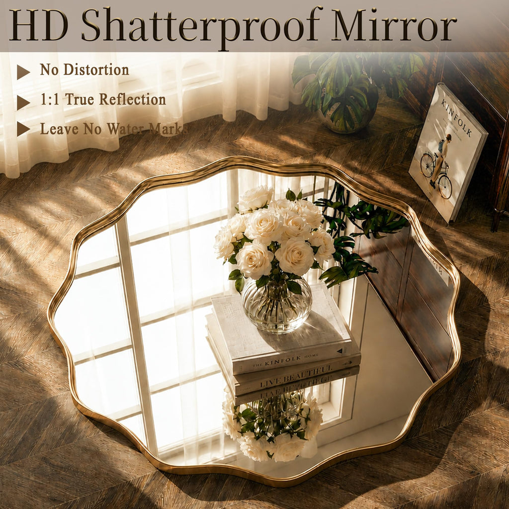 Gold Scalloped Circle Mirror, 20" Wavy Edge Round Wall Mirror