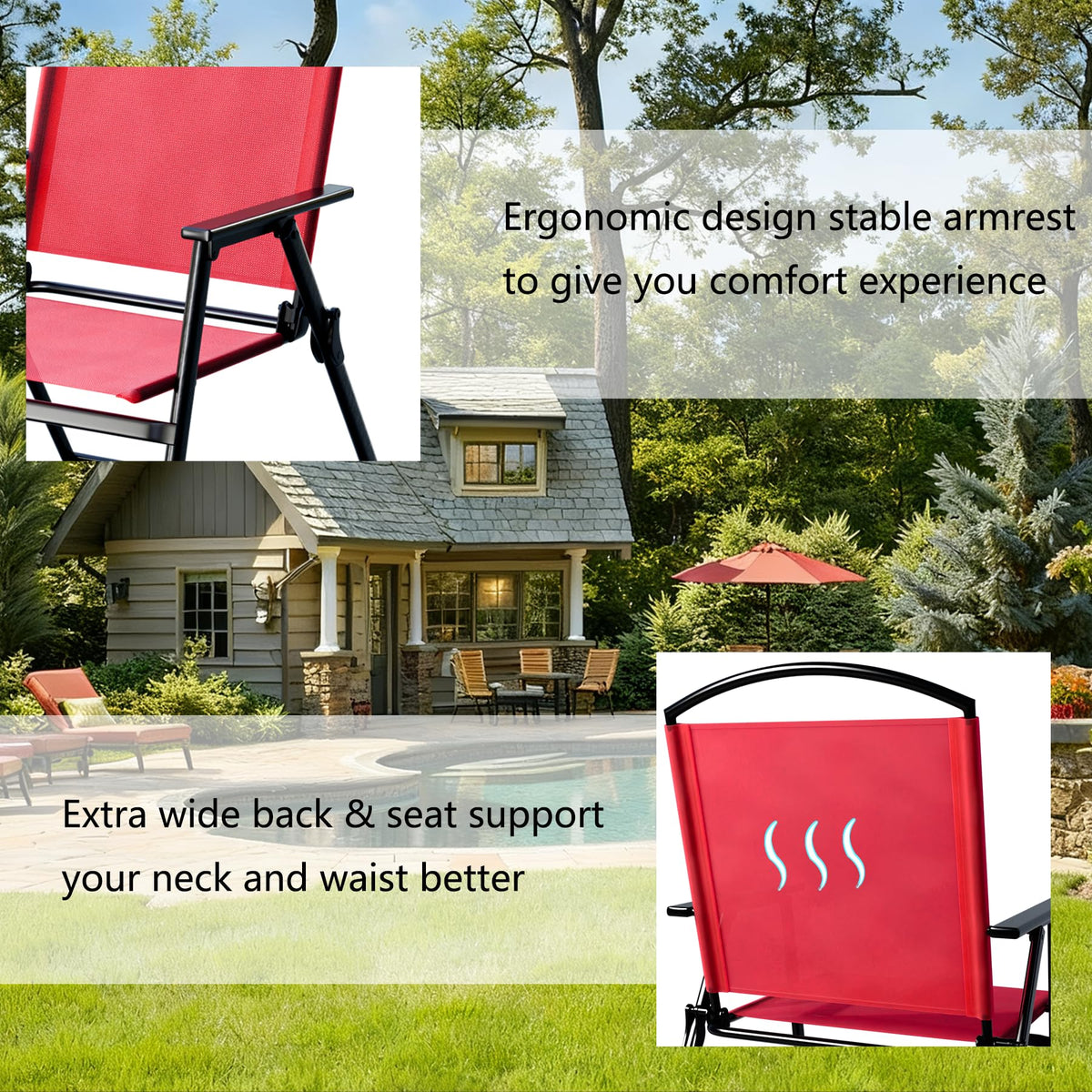 Outdoor Folding Patio Dining Chairs Set of 2 With Armrest Heavy-Duty Lightweight Protable Foldable Patio Sling Chair