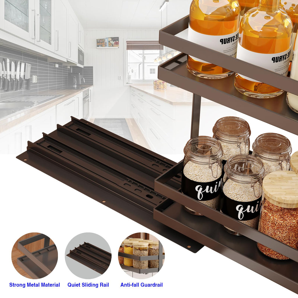 2 Pack Pull Out Spice Rack Organizer for Cabinet, 2 Tier Metal Slide Out Seasoning Organizer and Storage Heavy Duty