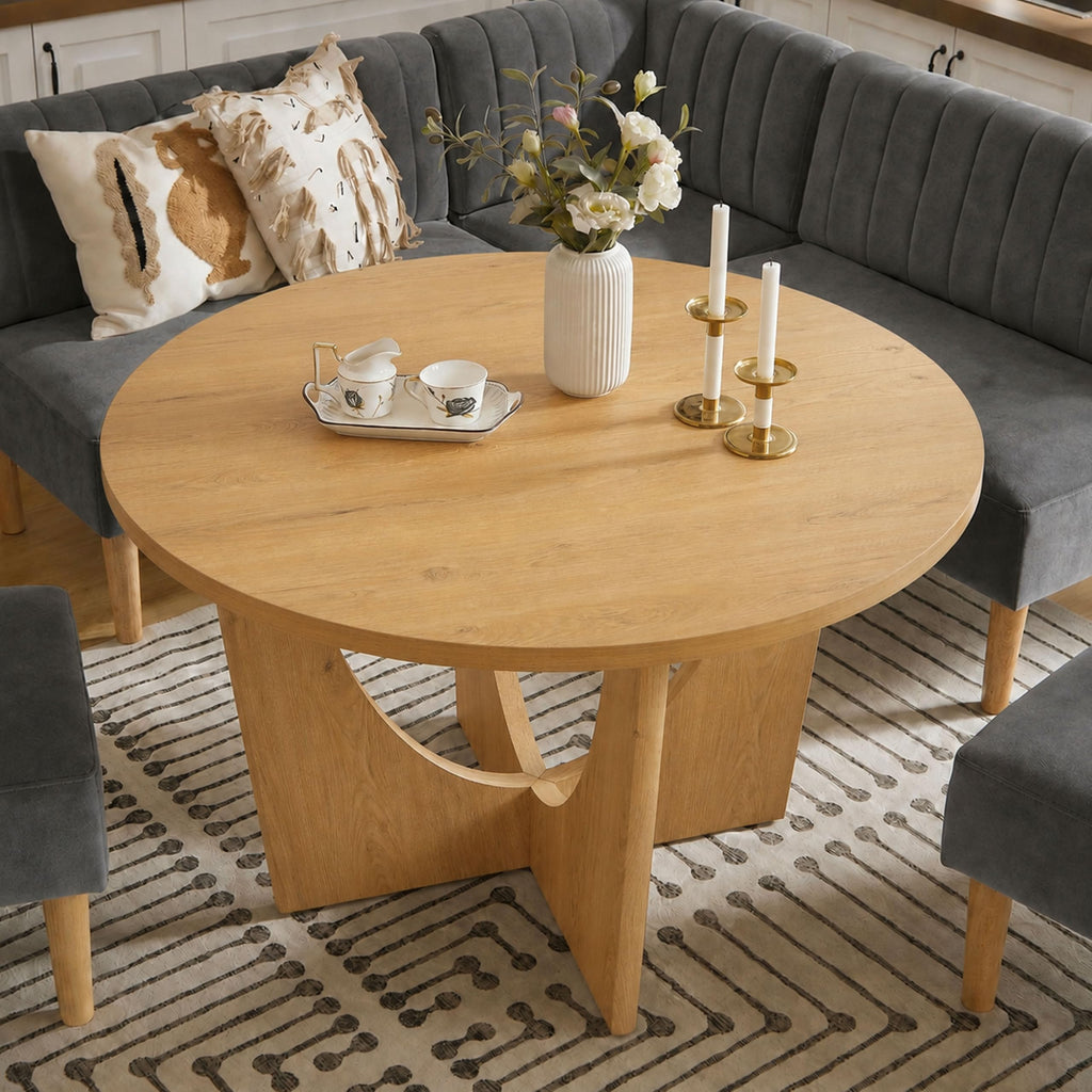 Breakfast Nook Table Set, Farmhouse 5-Piece Round Dining Table Set with Bench Seating, 47" Kitchen Nook Furniture for