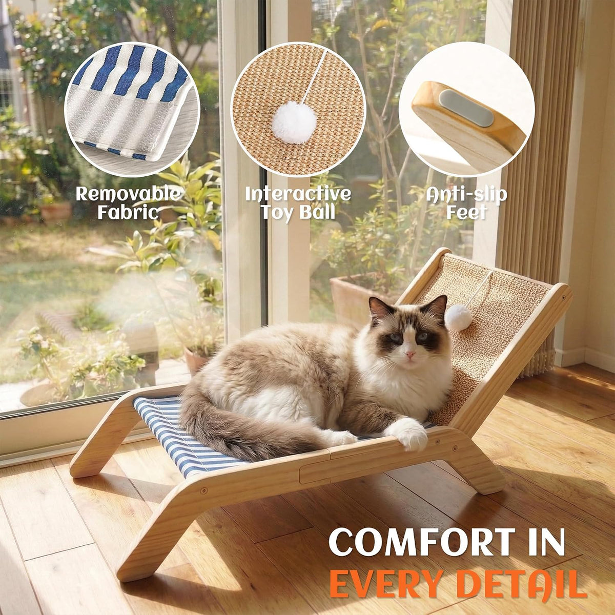 Cat Hammock with Coconut Palm Tree Scratching Post, Cozy Beach Chair Elevated Cat Beds, Original Lounger for Indoor