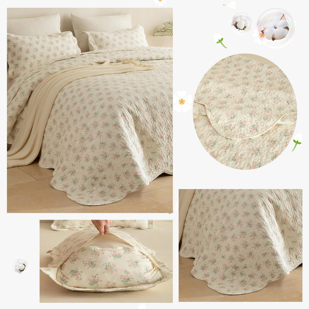 100% Cotton Quilt Set - Pink Flower Botanical Bedspread