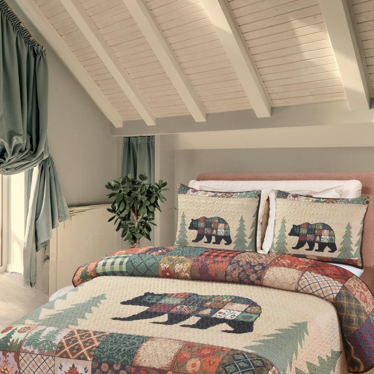 Bear Themed King Quilt Coverlet Set - Rustic Cabin Bedding