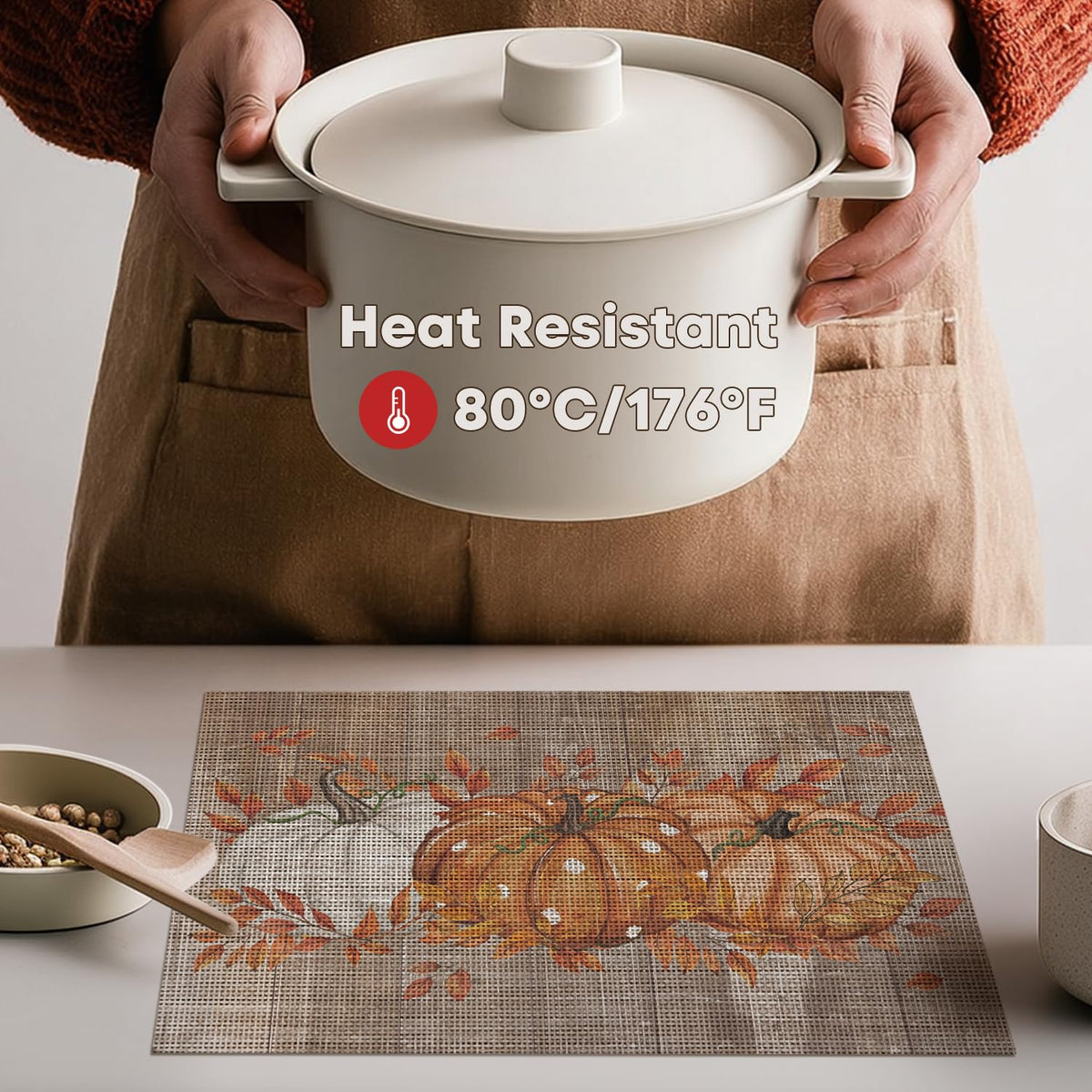 Wood Pumpkin Leaves Fall Vinyl Placemats Set of 6, Wipeable Woven PVC Table Mats for Thanksgiving Farmhouse Party