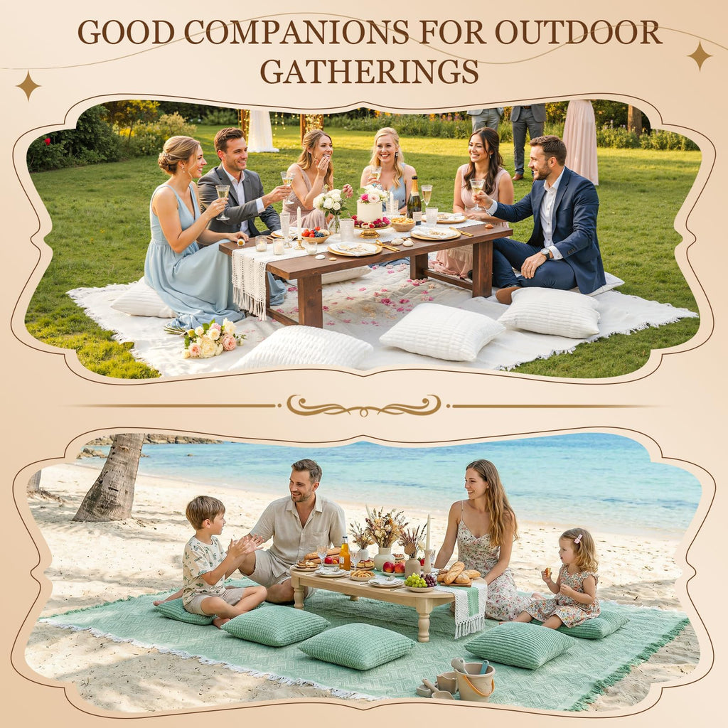 Extra Large Outdoor Rug Boho Picnic Blanket with Table Runner and 6 Throw Pillows Covers for Outdoor Essentials Beach