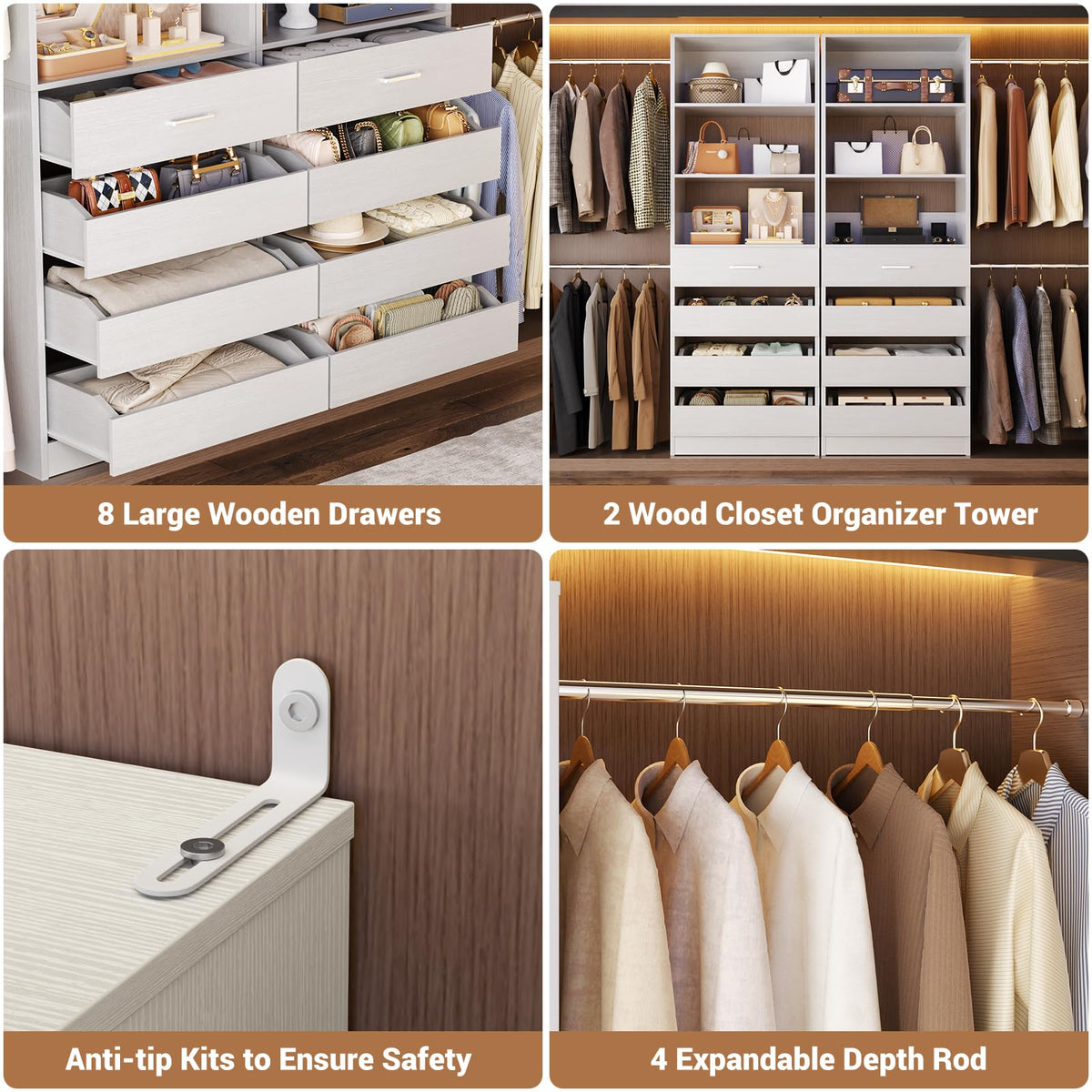 Closet System, 6-15Ft Custom Wood Closet Organizer with 8 Drawers