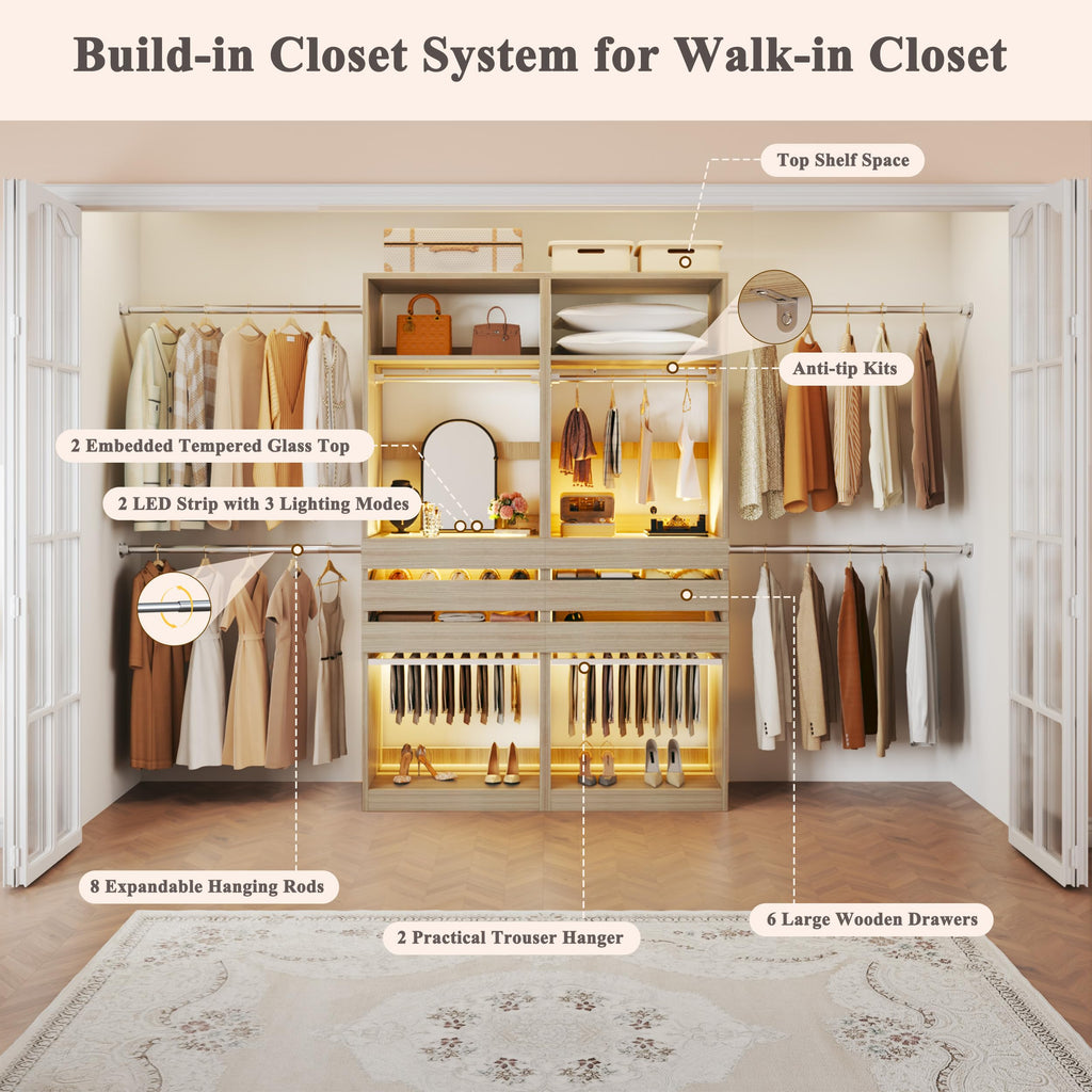 Closet System Set of 2, 5.7-10.4FT Closet Organizer System with 6 Drawers