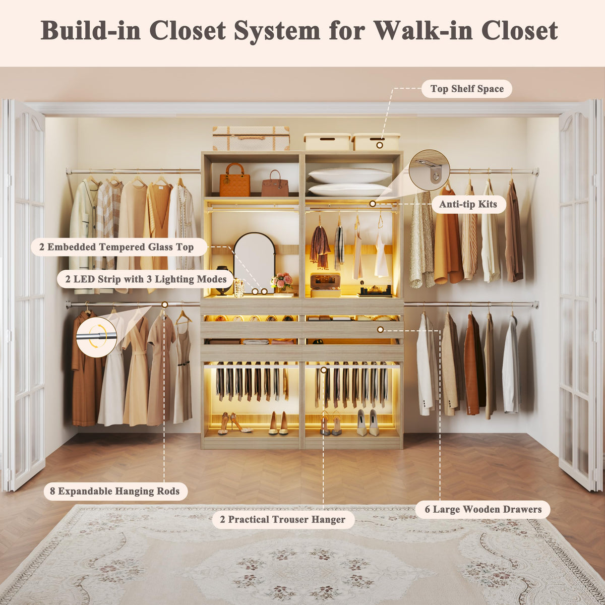 Closet System Set of 2, 5.7-10.4FT Closet Organizer System with 6 Drawers