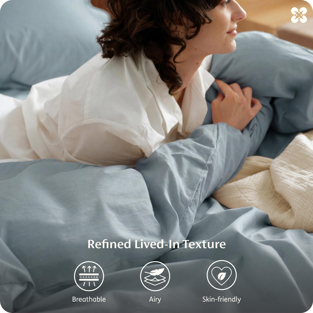 PureWoven 100% Washed Cotton Duvet Cover Set, Queen, 3-PC