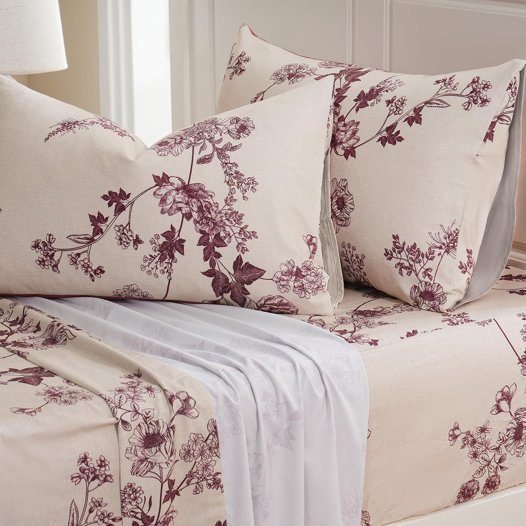 Sheets 100% Percale Cotton Red Floral Bed Sheet Set, Brushed Extra Softness, Breathable Luxury Toile