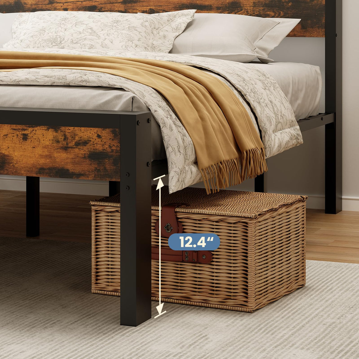 Bed Frame with Wood Headboard, Rustic Platform Bed Metal