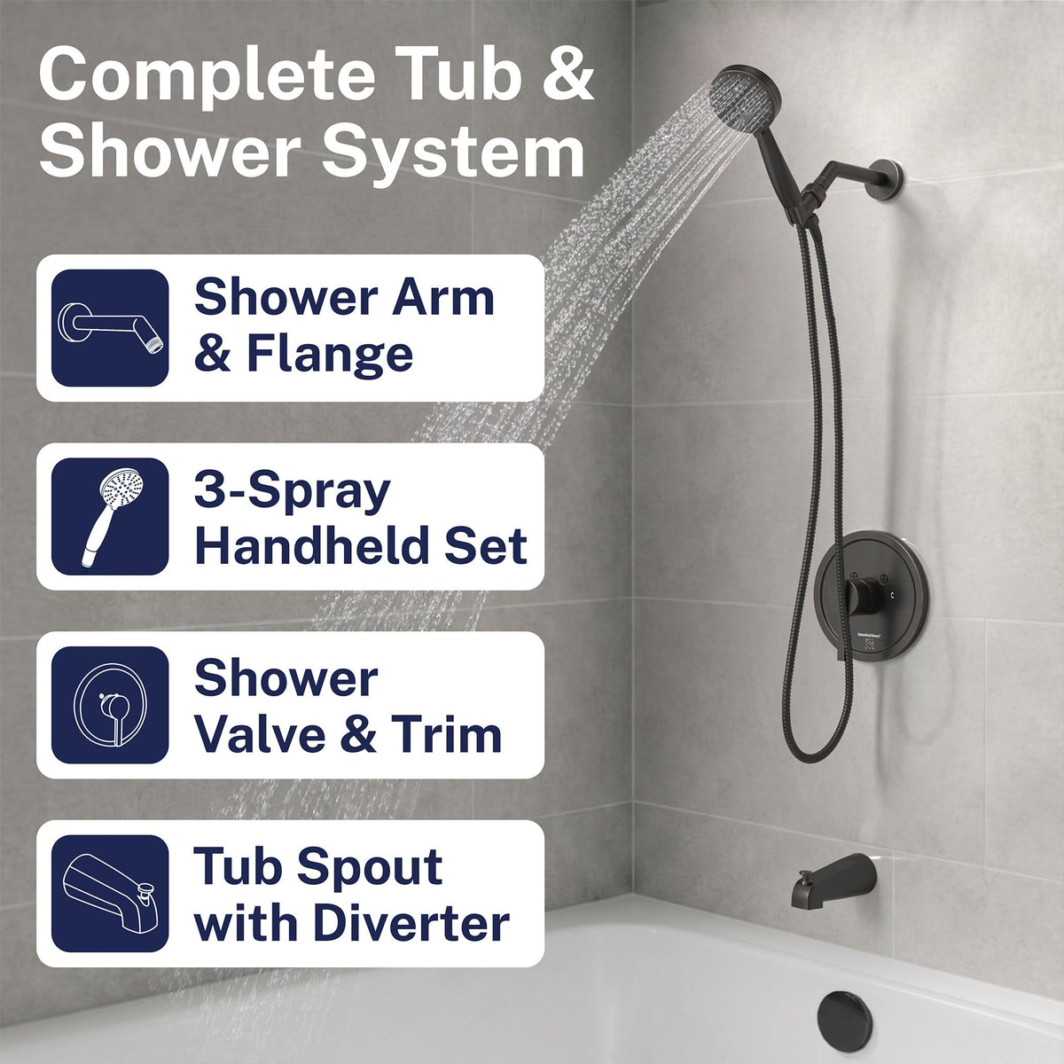 Metal Tub Shower Faucet Set with Handheld, Valve and Trim Kit