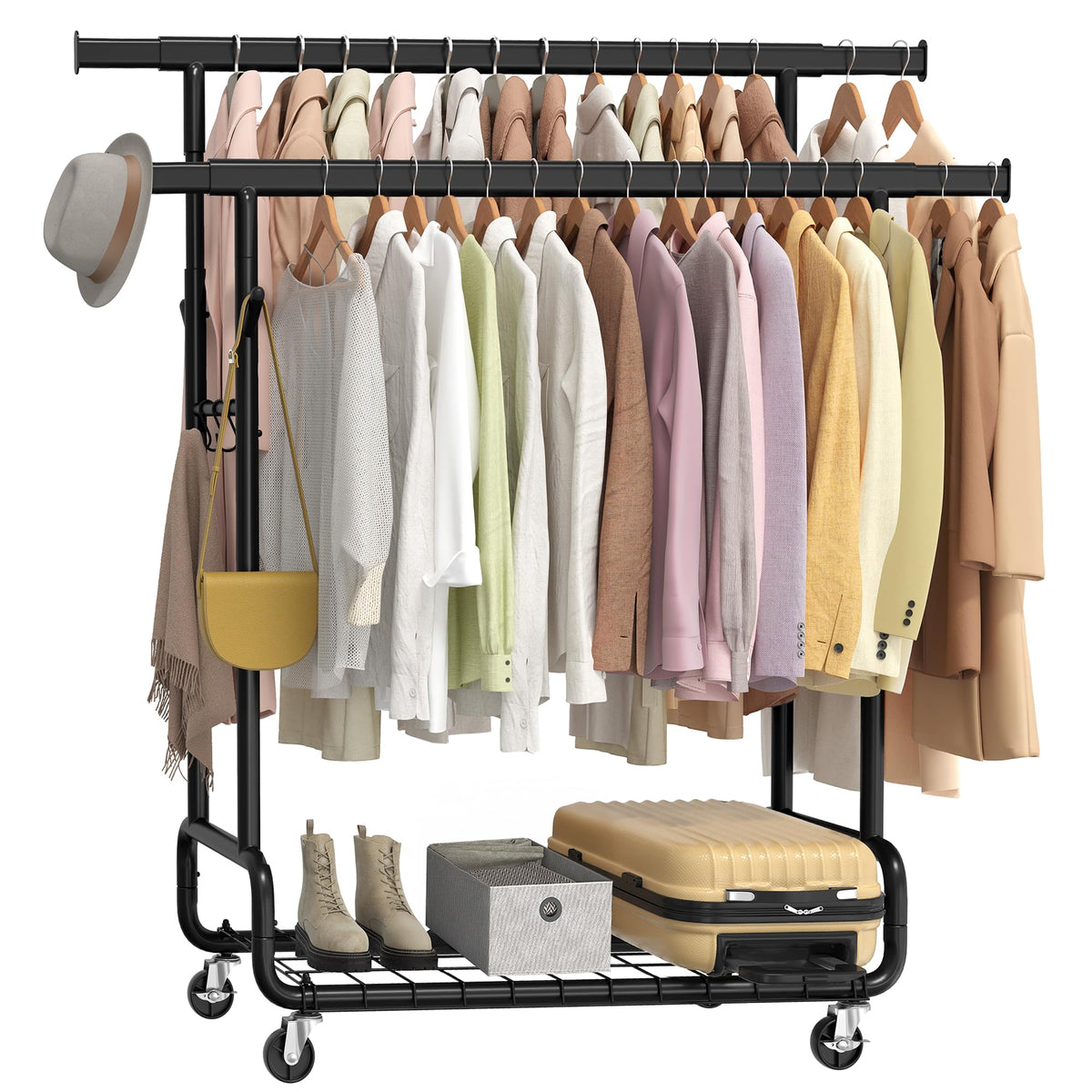 Clothes Rack, Heavy-Duty Rolling Garment Rack with Shelf